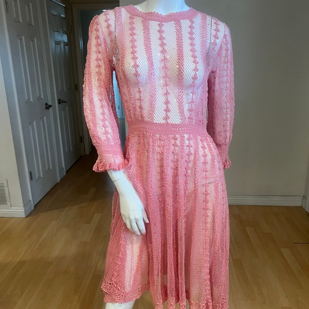 70'S VINTAGE ROSETTA CROCHET PINK DRESS SIZE M MEDIUM